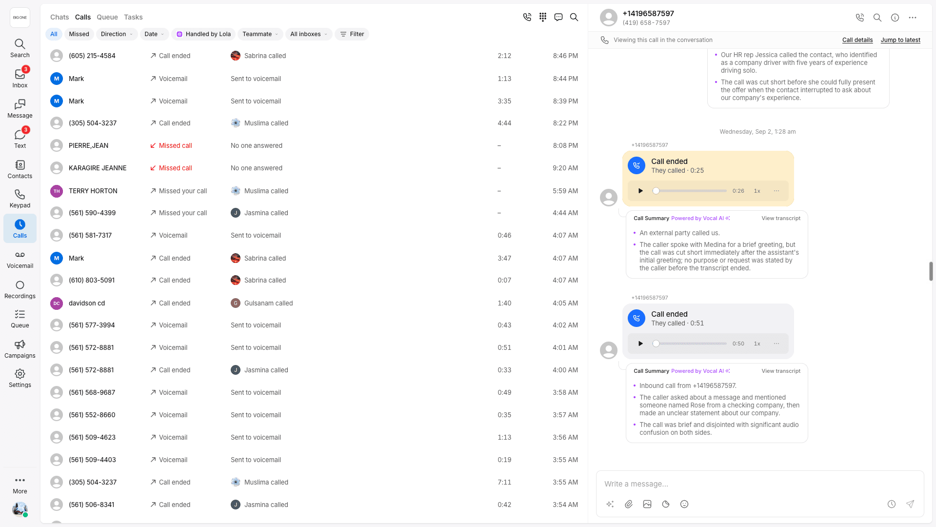 Vocal Calls workspace with recent calls, recordings, and AI summaries