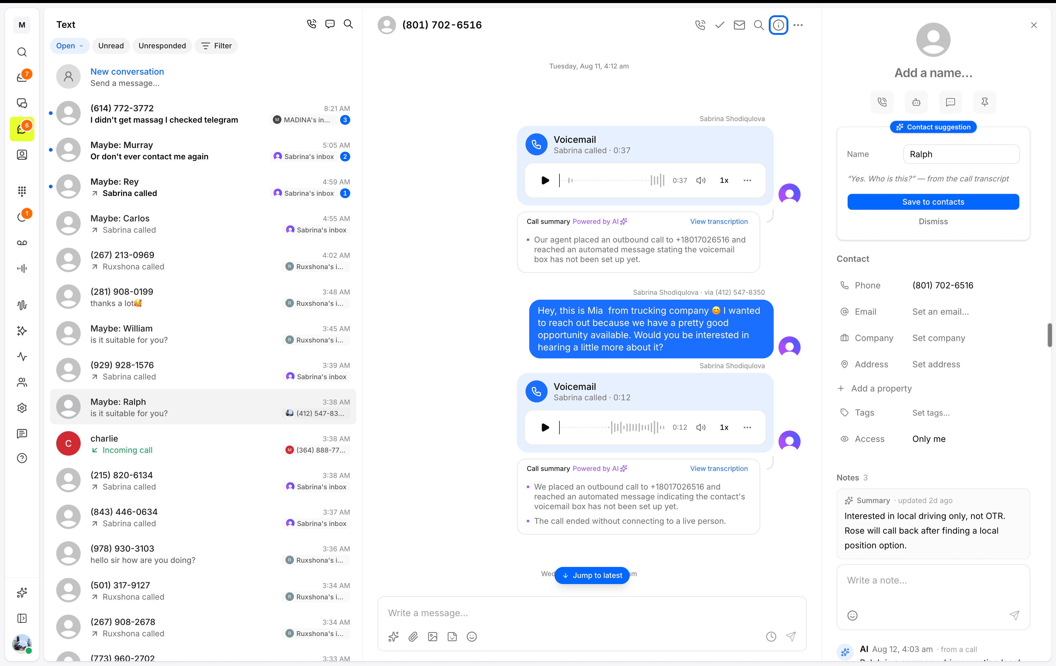 Vocal shared inbox showing business texts, voicemail recordings, AI call summaries, and a customer profile